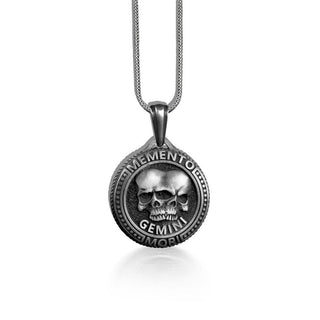 Gemini Memento Mori Necklace For Men in Silver, Zodiac Coin Necklace with Skull, Punk Horoscope Necklace For Boyfriend, Astrology Necklace