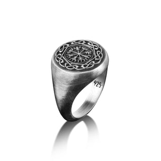 Vegvisir with Viking Knot Ring for Men in Sterling Silver, Norse Mythology Pinky Signet Ring,  Nordic Men Engraved Ring, Viking Compass Ring