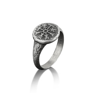 Vegvisir Pinky Signet Ring For Men, Viking Wayfinder Norse Mythology Ring in Sterling Silver, Nordic Ring For Husband, Compass Ring For Dad