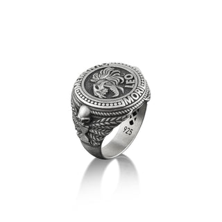 Leo Memento Mori Signet Ring for Men in Sterling Silver, Lion Skull Zodiac Men's Ring, Zodiac Men Ring, Extraordinary Punk Ring, Gothic Ring