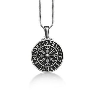 Viking vegvisir and rune pendant necklace in silver, Viking compass coin necklace for men, Norse mythology necklace