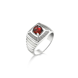 Clear red ruby mens ring for men in 925 silver, Greek motifs ruby stone men ring in sterling silver, Unique mens ring, Red stone men ring