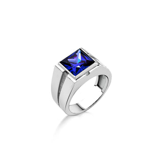 Signet  blue sapphire silver statement men ring, Blue stone mens solitaire ring for men, Square cut stone ring for men, Pinky sapphire ring