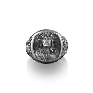 Christ Jesus Ring for Men in Sterling Silver, Jesus with Crown of Thorns Ring, Religious Ring, Christian Pinky Ring, Sterling Silver Gifts