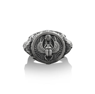 Scarab and Cleopatra On Side Signet Ring, 925 Sterling Silver Mythology Jewelry, Eye Of Providence Ring, Engraved Ring, Remembrance Gift