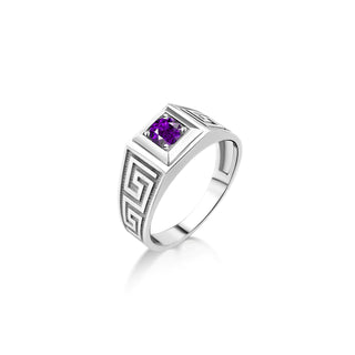 Amethyst mens promise ring in silver, Cool mens solitaire ring with engraved meander, Unique wedding band ring for men