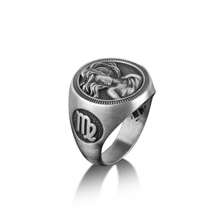 Virgo Zodiac Sign Mens Ring in Silver, Oxidized Zodiac Pinky Signet Ring For Men, Virgo Jewelry, Horoscope Ring For Birthday Gift, Cool Ring