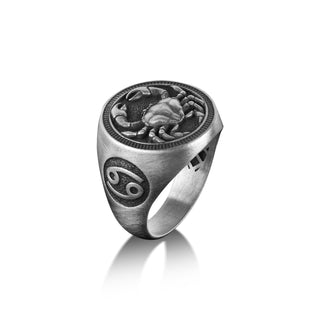 Cancer Zodiac Sign Mens Ring in Silver, Zodiac Pinky Signet Ring in Oxidized Silver, Horoscope Ring For Men, Astrology Ring For Birthday