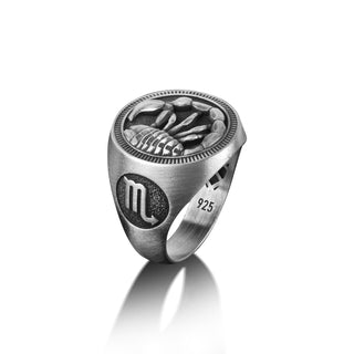 Scorpio Engraved Signet Ring For Men, Oxidized Male Pinky Ring in Silver, Zodiac Sign Signet Ring For Dad, Scorpio Jewelry For Birthday Gift