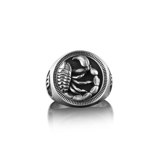 Scorpio Engraved Signet Ring For Men, Oxidized Male Pinky Ring in Silver, Zodiac Sign Signet Ring For Dad, Scorpio Jewelry For Birthday Gift