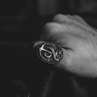 Snake Silver Men Ring, Man Silver Signet Anchor Snake Ring, Silver Sailor Men's Ring, Signet Anchor Ring, Oxidized Silver Men Gift Jewelry