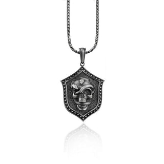 Silver Skull Mens Necklace, Shield Men Necklace, Skull and Snake Pendant, Oxidized Men Necklace, Biker Men Pendant, Large Men Skull Necklace