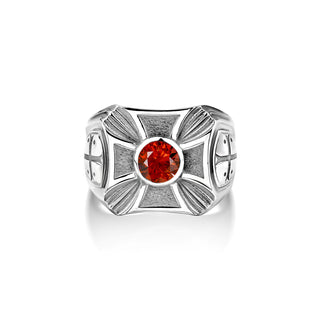 Christian cross with red ruby stone men ring in silver, Pinky ruby stone ring for men, Wide band for husband, Religious gemstone men rings