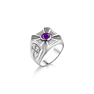 Purple amethyst big silver signet ring with engraved crusader shield, Wide band mens ring with christian silver cross, Signet amethyst ring