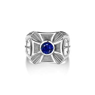Blue sapphire big silver signet ring with engraved crusader shield, Blue stone men rings, Christian cross ring for men in 925 silver