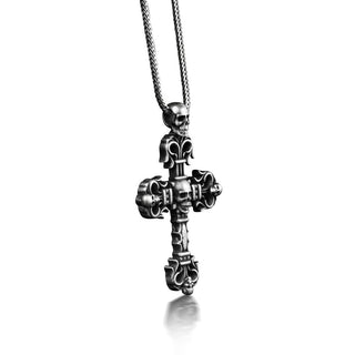 Silver Cross Necklace in Goth Style, Oxidized Skull and Cross Gothic Pendant, Halloween Necklace For Best Friend, Gothic Skull Necklace