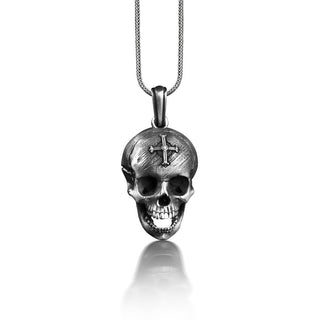 Cross Fleury on Skull Necklace For Men, Heraldic Gothic Necklace in Sterling Silver, One Of A Kind Goth Necklace, Punk Necklace For Husband
