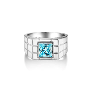 Blue topaz stone pinky silver men ring, Elegant mens ring with blue topz in sterling silver, Square cut aquamarine stone silver men rings