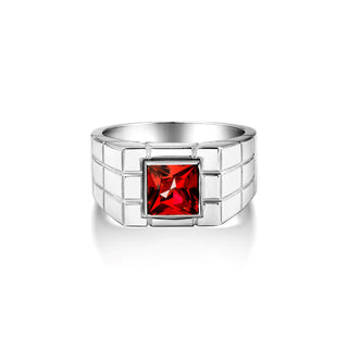Red ruby square cut ring in sterling silver, Clear ruby statement ring for men, Elegant mens silver fashion ring, Wedding men gift rings
