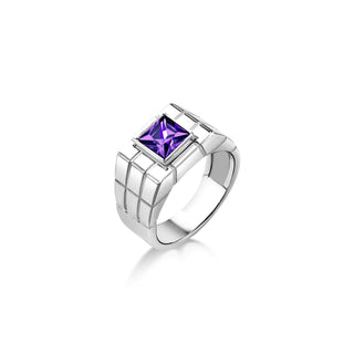 Square cut amethyst stone men ring in sterling silver, Clear amethyst statement ring for men, Elegant mens silver fashion ring