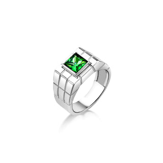 Green emerald square cut ring in sterling silver, Clear emerald statement ring for men, Elegant mens silver fashion ring, Green jade ring