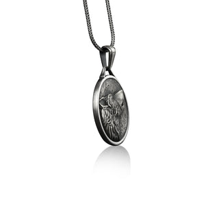 Highly detailed wolf pendant necklace with custom name, Animal necklace for nordic, Unique mens silver necklace for dad