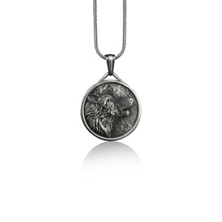Highly detailed wolf pendant necklace with custom name, Animal necklace for nordic, Unique mens silver necklace for dad