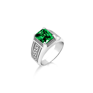 Emerald stone men signet silver ring with engraved meander, Green emerald stone statment men ring in 925 Silver, Green jade stone men ring