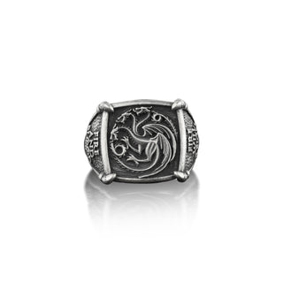 Mother of Dragons Targaryen Ring, Oxidized Engraved Signet Ring For Men in Sterling Silver, Fire and Blood Ring, Game Of Thrones Ring