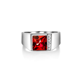 Plain silver ring for men in silver with red ruby stone, Male promise ruby stone ring for men in silver, Big square cut ruby signet ring