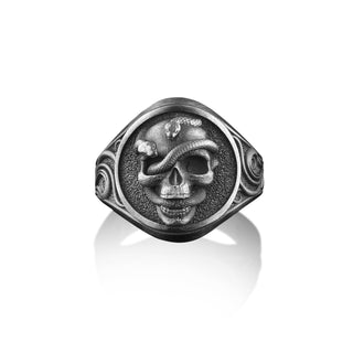 Biker Snake Skull Head 925 Silver Mens Ring, Sterling Silver Biker Signet Ring, Oxidized Silver Biker Jewelry, Boho Skull Ring, Gift For Men