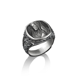 The Good Shepherd Jesus Silver Ring For Men, Christ and his Sheep Signet Ring, Christian Jewelry, Victorian Art Ring For Men, Jesus Men Ring