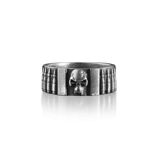 Skull Punisher Oxidized Silver Band Ring for Men, Gothic Fan Art Bandolier Ring, Skull Ring for Men, Goth Jewelry, Biker Ring, Unusual Ring