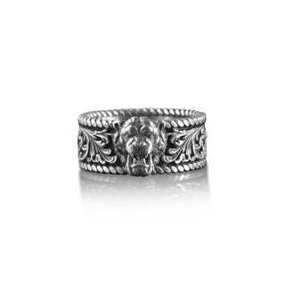 Tiger Head Engraved Pattern Men Ring, Wild Asian Tiger Band Ring, Sterling Silver Men Ring, Animal Gift Ring, Men Jewelry, Lion Head Ring