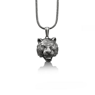 Tiger head 925 silver strength necklace for boyfriend, Wild cat pendant for animal lover, Unique mens necklace for dad