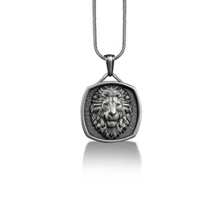 Leo Lion Head Square Medal Necklace Pendant, Customizable Necklace, Engraved Necklace for Men, Animal Lover Gifts, Zodiac Ornament