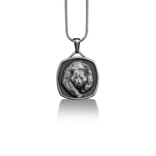 Grizzly Bear Square Medal Silver Necklace Pendant, Customizable Necklace, Engraved Necklace for Men, Animal Lover Gift, Small Birthday Gift