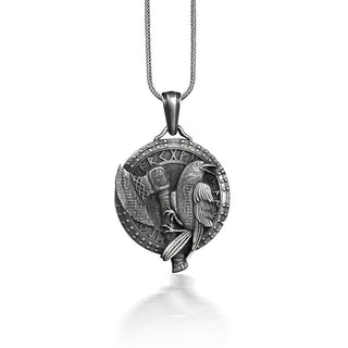 Viking medallion necklace with raven and axe, Silver norse runes necklace for boyfriend, Engraved mythology necklace