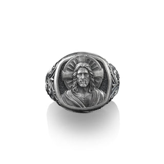 Savior Jesus Christ with Cross Sterling Silver Square Signet, Christian Mens Ring, Religious Gifts, Pinky Rings for Women, Catholic Gifts