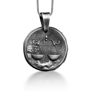 Libra Zodiac Sign Coin Necklace For Best Friend, Oxidized Horoscope Necklace in Silver, Astrology Necklace For Family, Libra Birthday Gift
