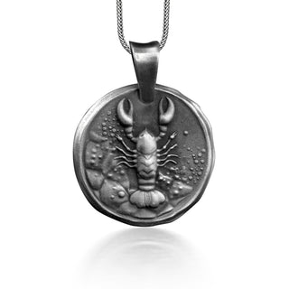 Cancer Zodiac Sign Coin Necklace, Engraved Crab Horoscope Necklace For Boyfriend, Oxidized Astrology Necklace in Silver, Cancer Zodiac Gift