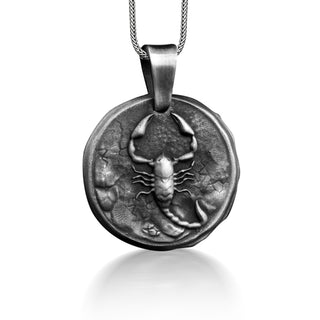 Scorpio Astrology Necklace in Silver, Engraved Scorpion Horoscope Necklace For Dad, Zodiac Sign Coin Necklace For Husband, Scorpio Gift
