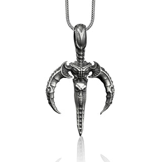 Cyberpunk Crescent Dagger Necklace For Men in Silver, Gothic Knife Charm Pendant, Futuristic Biomechanical Jewelry, Biker Silver Necklace