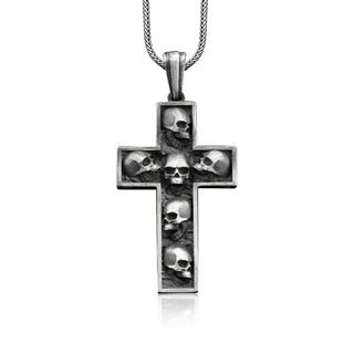 Skull in cross sterling silver necklace for men, Gothic cross pendant for boyfriend, Occult necklace for best friend