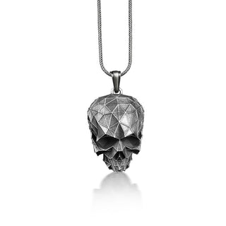 Geometric skull sterling silver necklace for men, Oxidized skull pendant for good luck, Unique goth necklace for husband