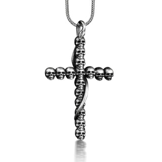 Gothic cross with snake pendant necklace in 925 silver, Goth cross necklace for men, Serpent necklace with cross skull