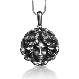 Medusa head unique necklace in silver, Gothic gorgon art necklace for best friend, Greek mythology necklace for mama