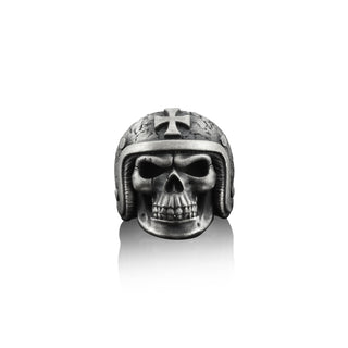 Skull wearing Motorcycle Helmet Biker Ring for Men in Sterling Silver, Skull Cross Gothic Ring, Skull & Cross Silver Jewelry, Ring for Men