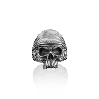 Skull in Bandana Handmade Sterling Silver Men Signet Ring, Silver Skull Gothic Jewelry, Skull Biker Ring, Minimalist Ring, Ring For Men