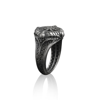 Vegvísir Handmade Sterling Silver Men Signet Ring, Viking Wayfinder Gothic Men Jewelry, Norse Mythology Ring, The Helm of Awe Ring For Men